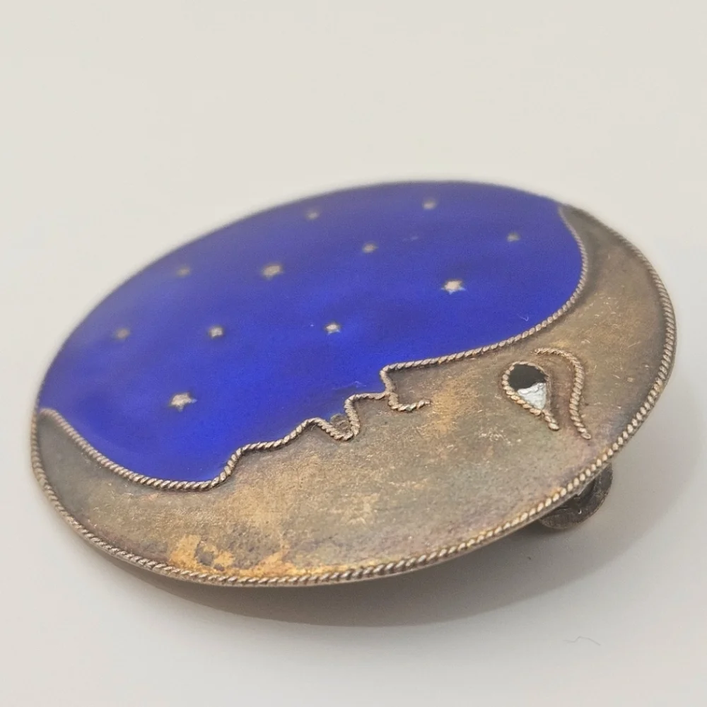 Laurel Burch Gold Over Sterling Silver Enameled Moon And Stars Brooch
